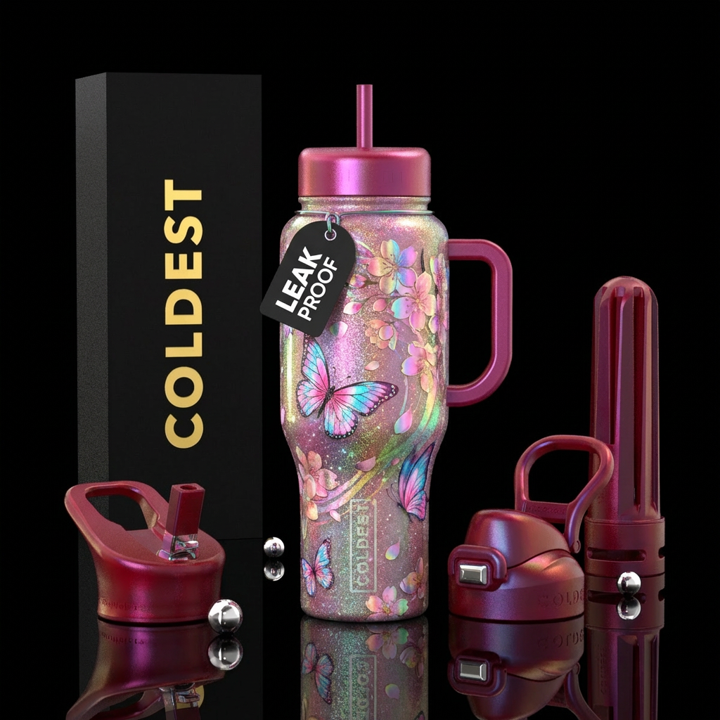 butterfly, irridescent, sparkly, cherry blossom se... water bottle design