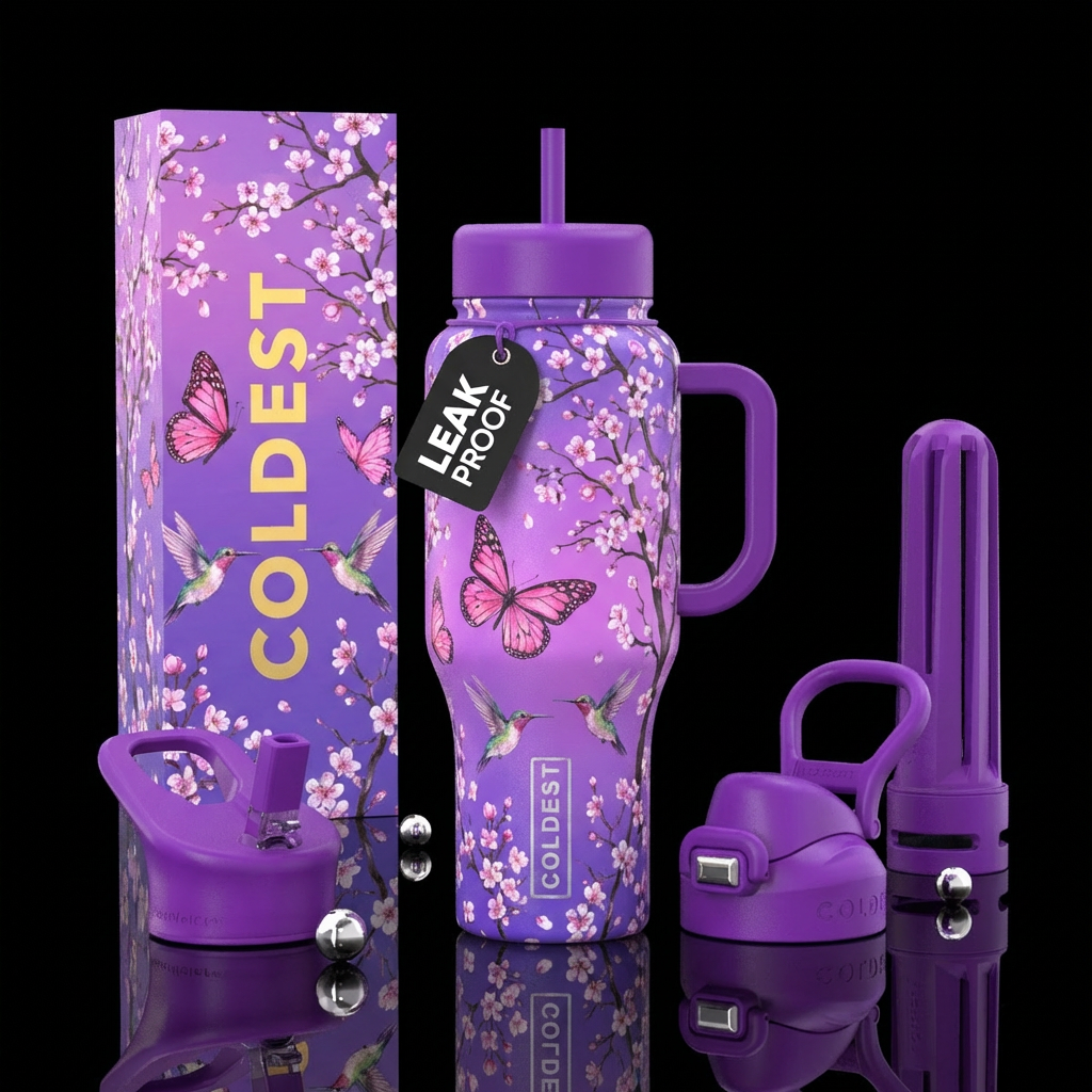 Pink butterflies, hummingbirds, cherry blossoms tr... water bottle design
