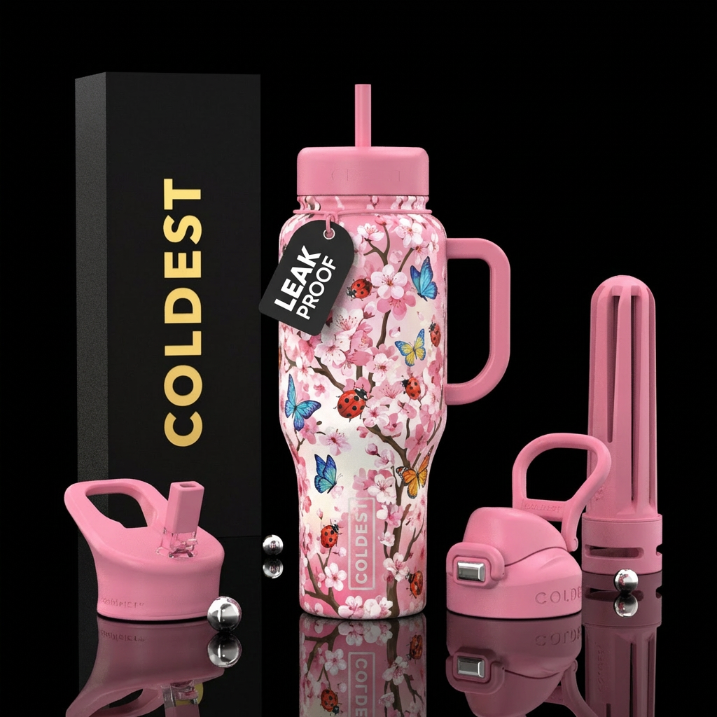 Cherry blossom trees, ladybugs, butterflies water bottle design