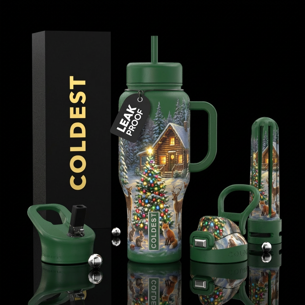 Rustic cabin, with Christmas tree with bright ligh... water bottle design