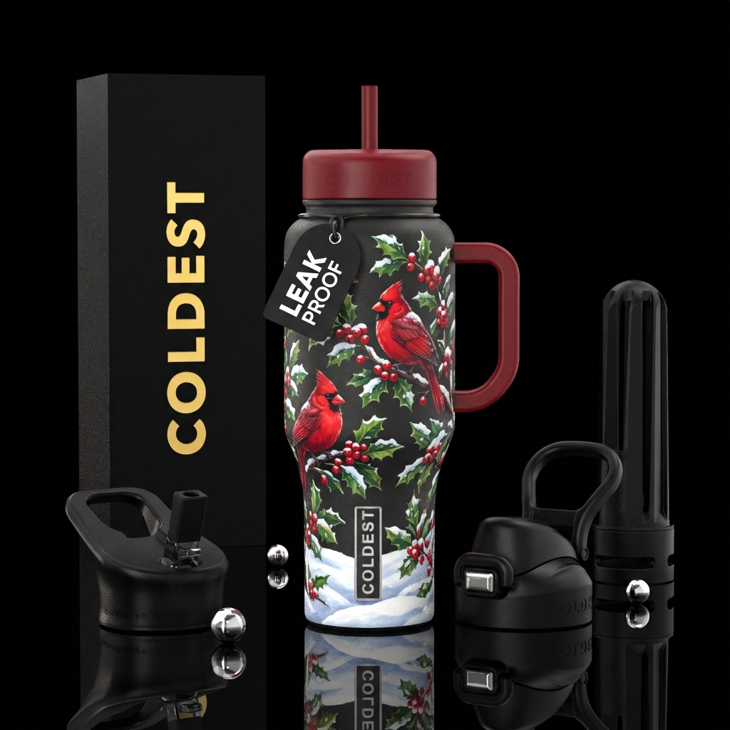 Hollyberry trees, Red cardinals, snow on the groun... water bottle design