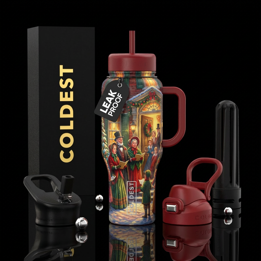 Old time Christmas Carolors, in front of a big hou... water bottle design