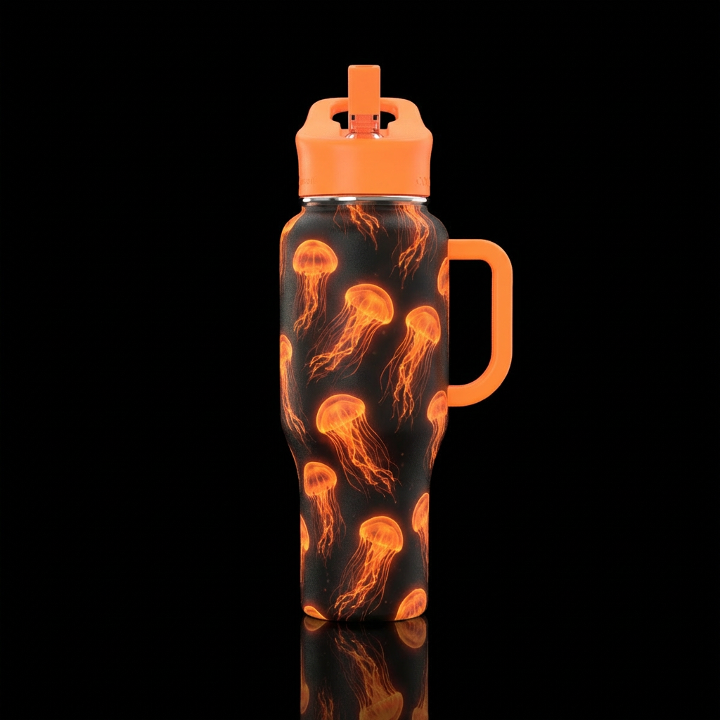 Glowie Orange jellyfish all over the bottle water bottle design
