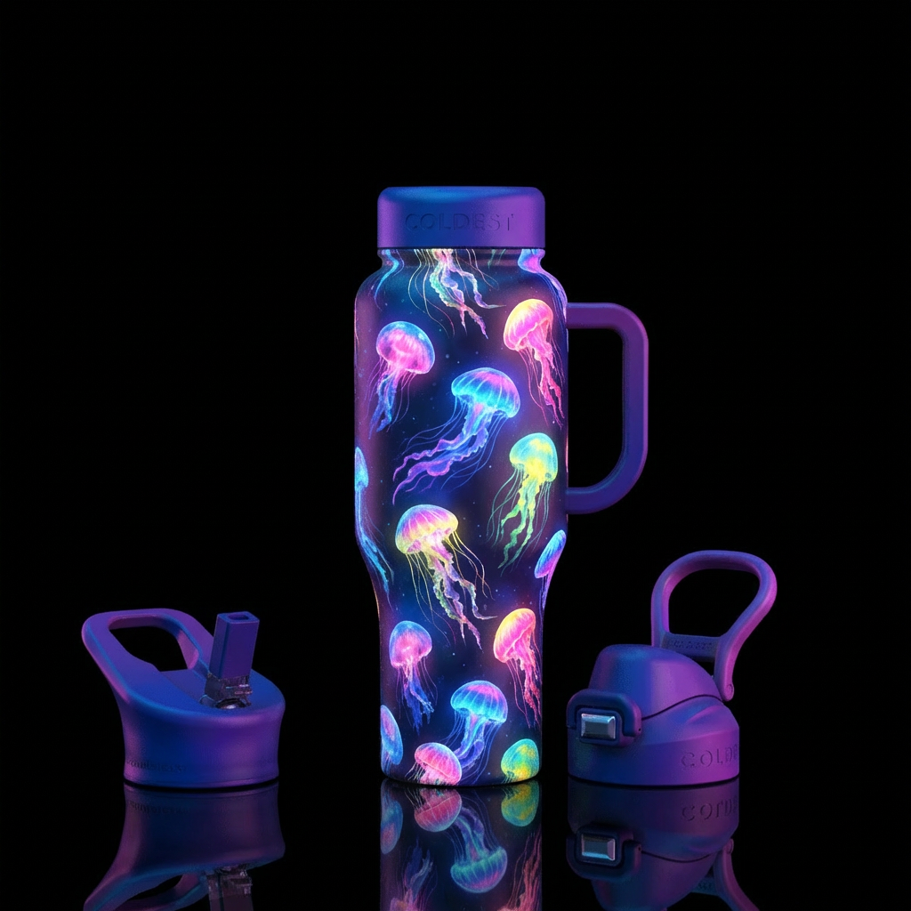 Glowie multi colored jellyfish all over the bottle water bottle design