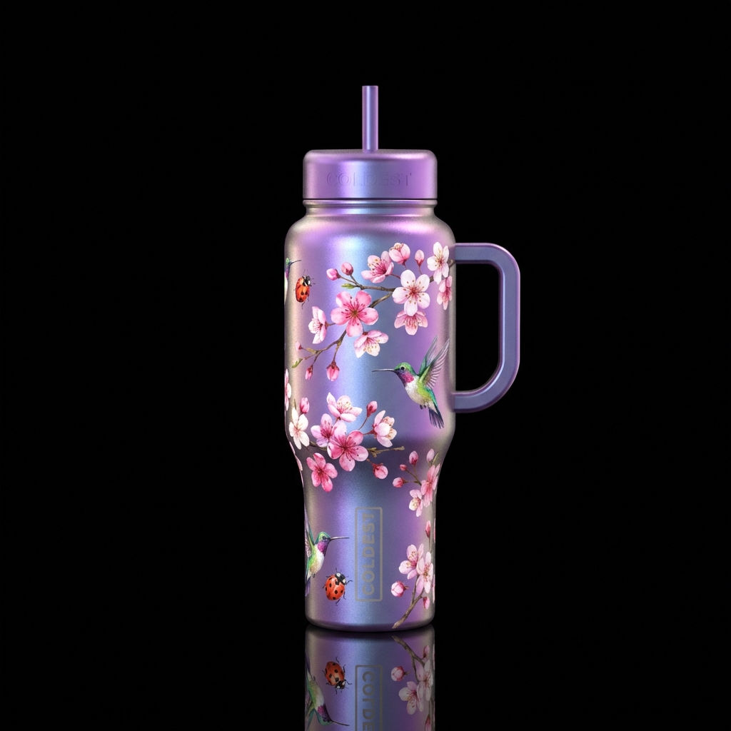 Cherry blossom tree, ladybugs, hummingbirds, iride... water bottle design