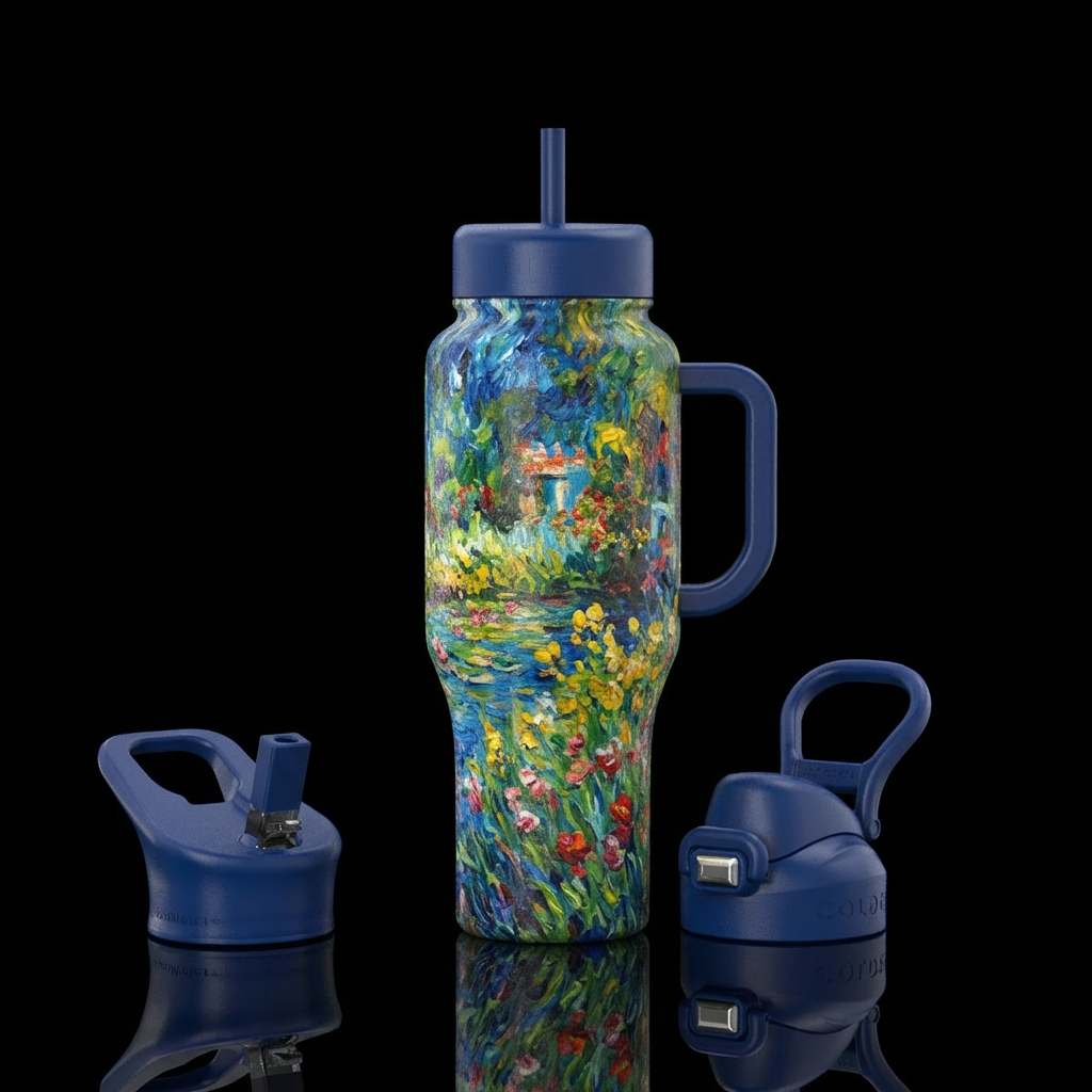european, oil painted, realism, Claude Monet water bottle design