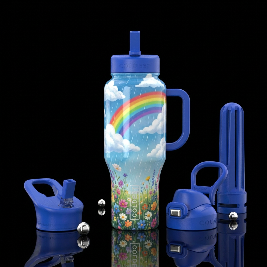 Fluffy clouds, rainbow, light rain, beautiful fiel... water bottle design