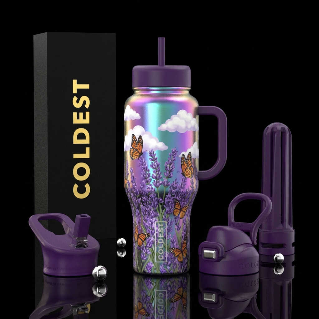 Purple lavender bushes with monarch butterflies fl... water bottle design