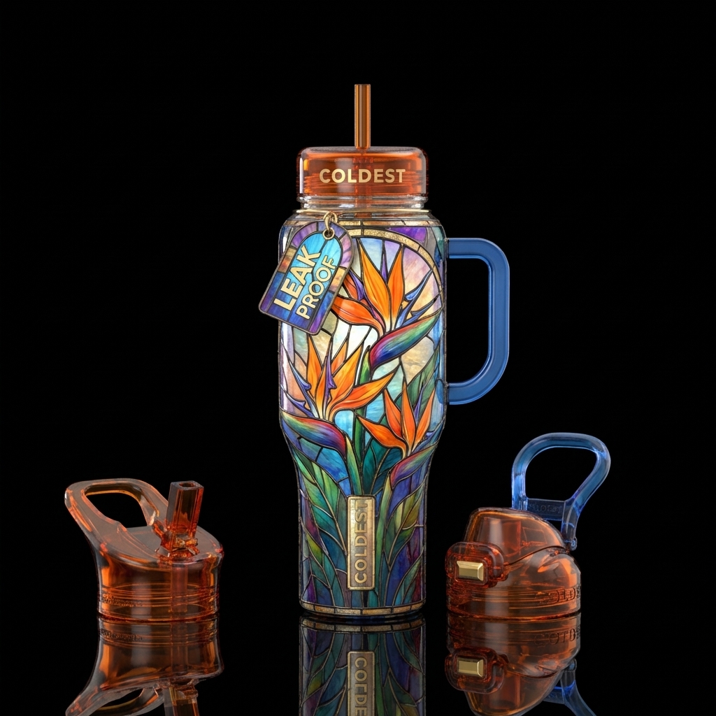 Stained glass effect, In bloom and blooming birds ... water bottle design