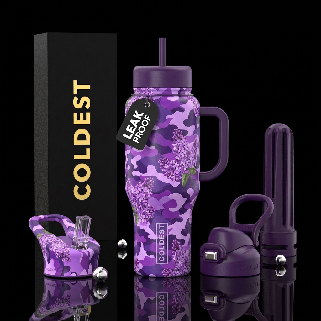 all she’s of purple camouflage with purple lilacs water bottle design