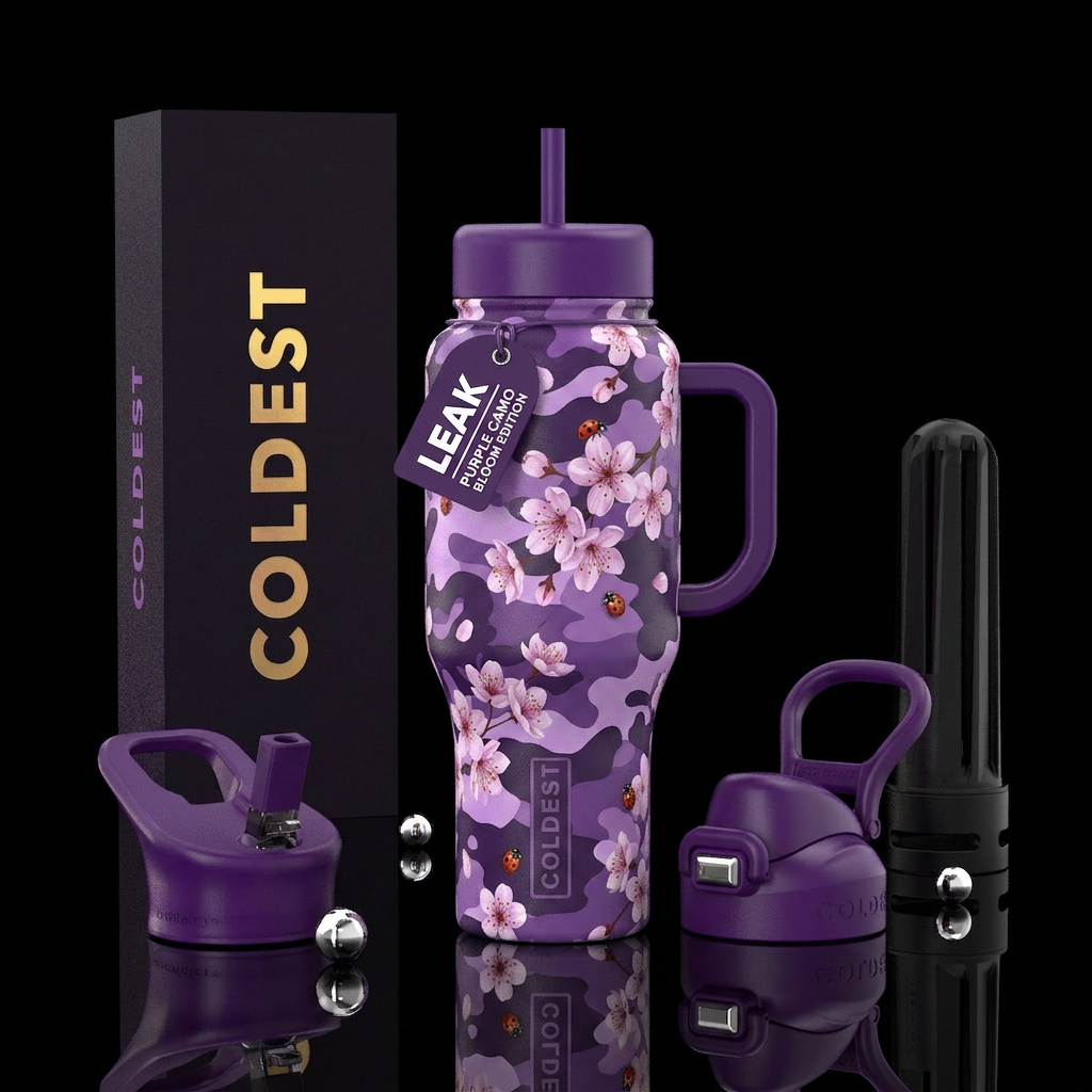 Different shades of purple camouflage topped with ... water bottle design