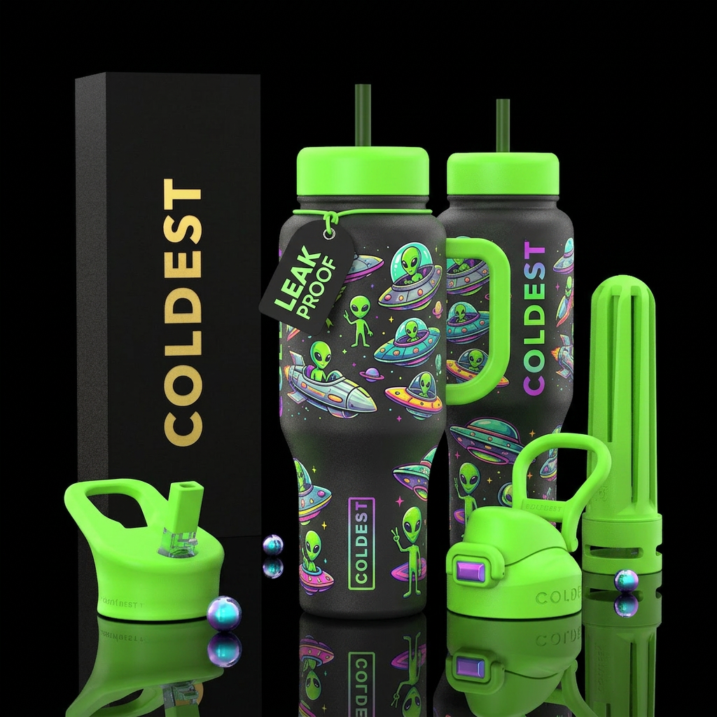 Aliens and Space Ships, bright colors with neon gr... water bottle design