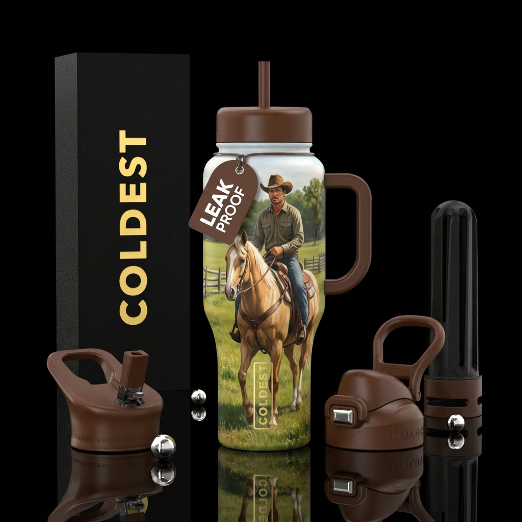 Hansodsom cowboy on a beautiful Palomino Horse, re... water bottle design