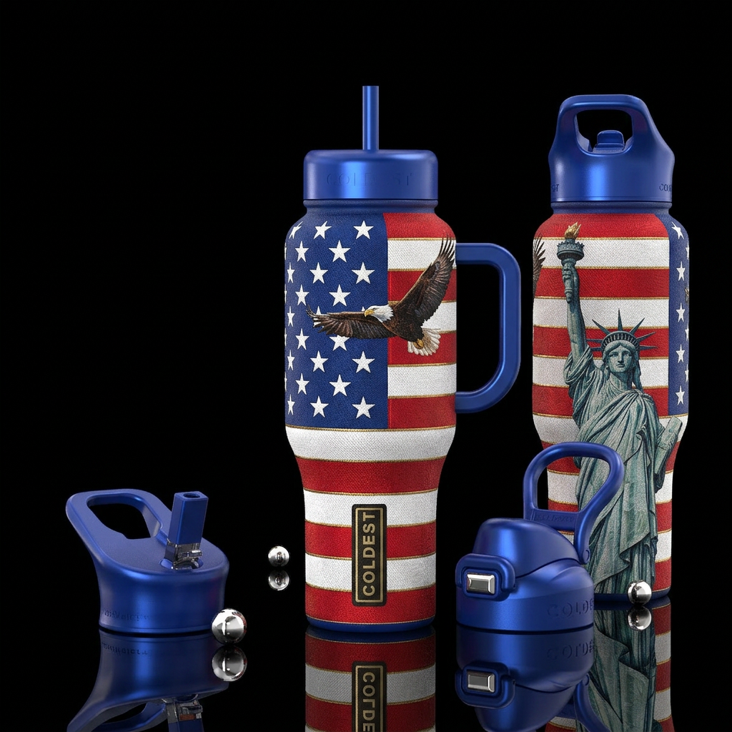 RED, WHITE, & BLUE bright colors American flag, 50... water bottle design