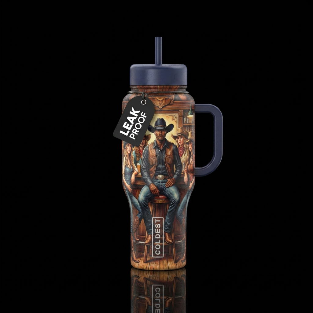 Tall dark & handsome cowboy sitting on a barstool ... water bottle design