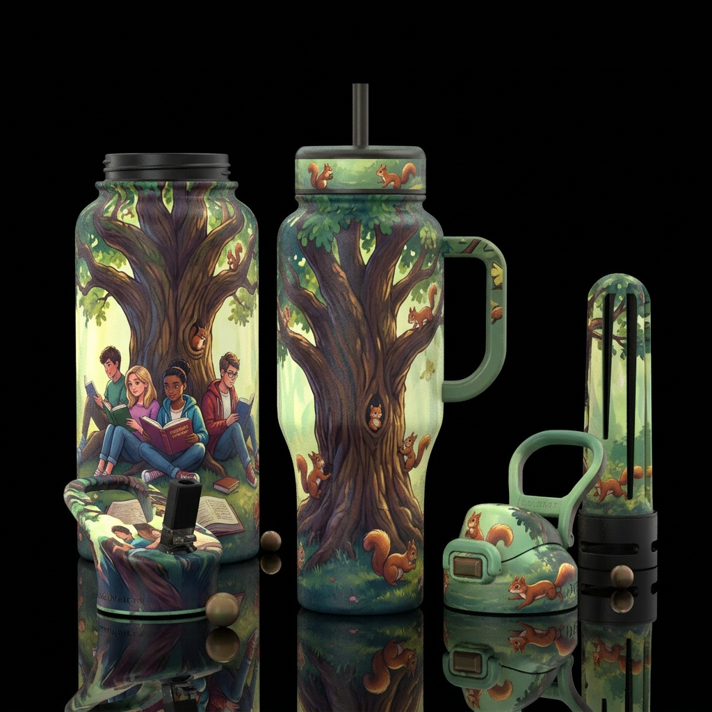 Teenagers sitting under a beautiful oak tree readi... water bottle design