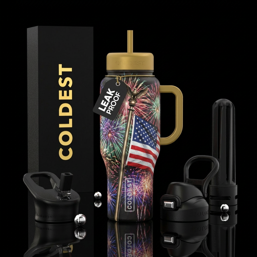 American flag  flying on a pole with a bronze eagl... water bottle design