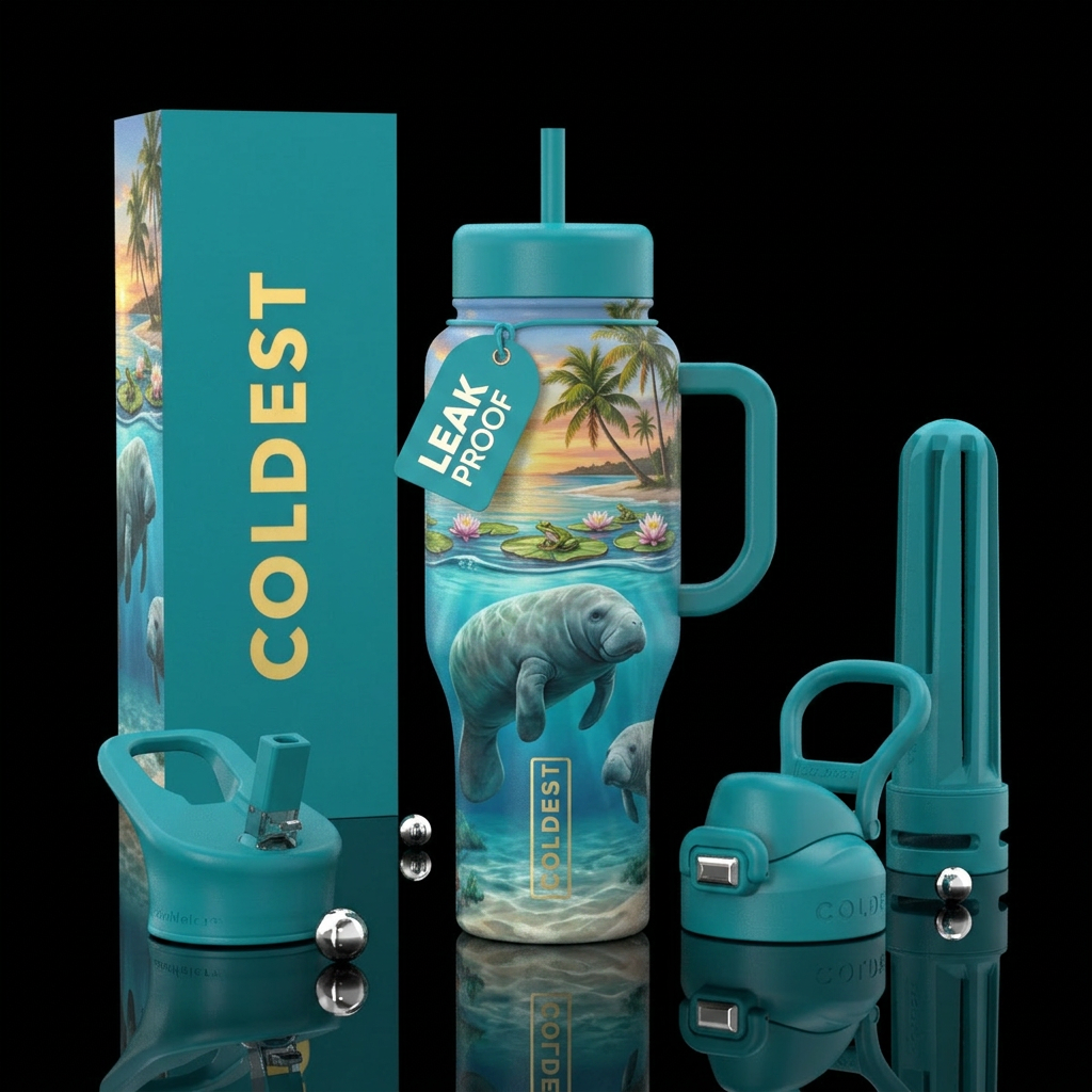 Manatees swimming (realistic) around by the coast ... water bottle design