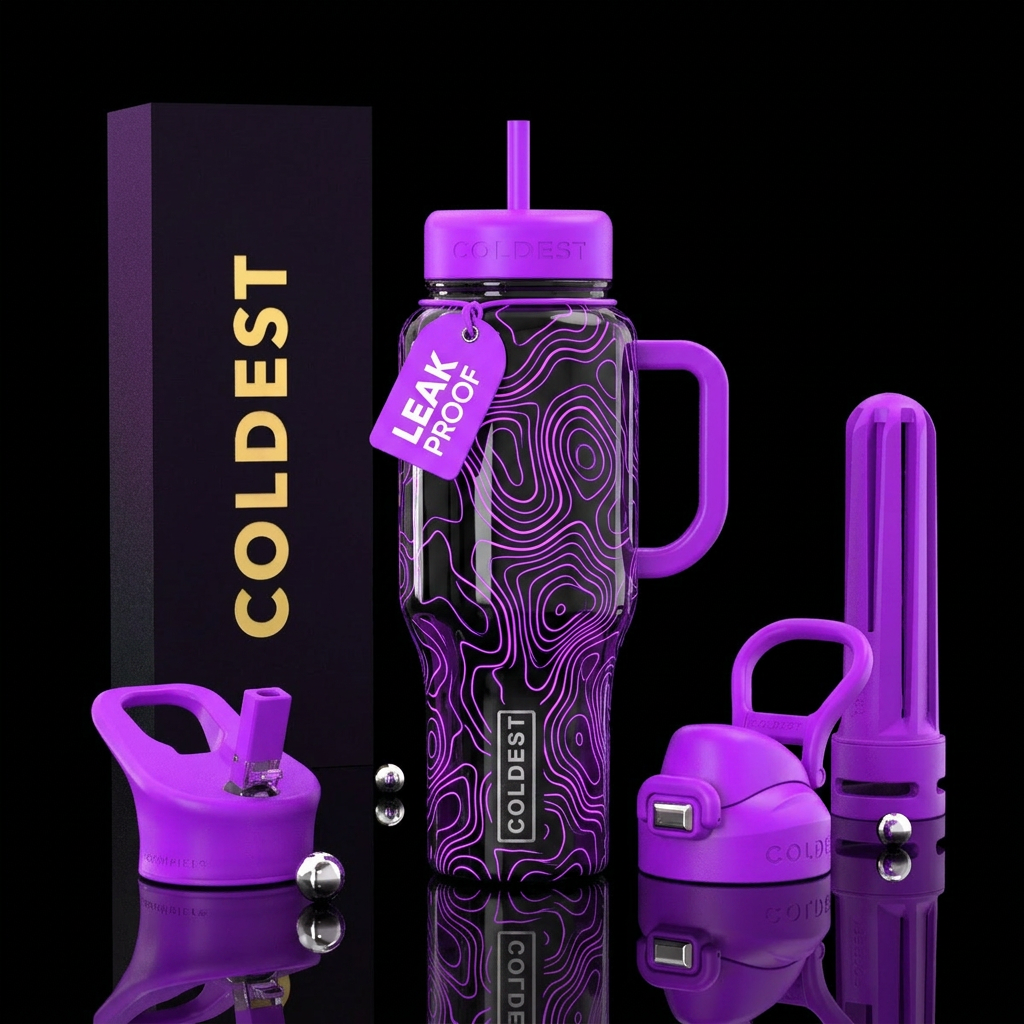 Topical purple water bottle design