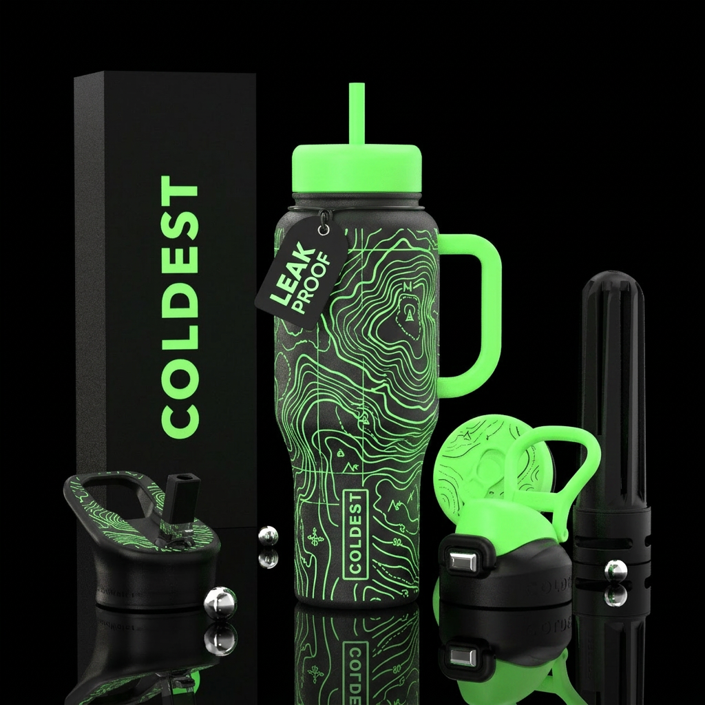 Topical neon green water bottle design