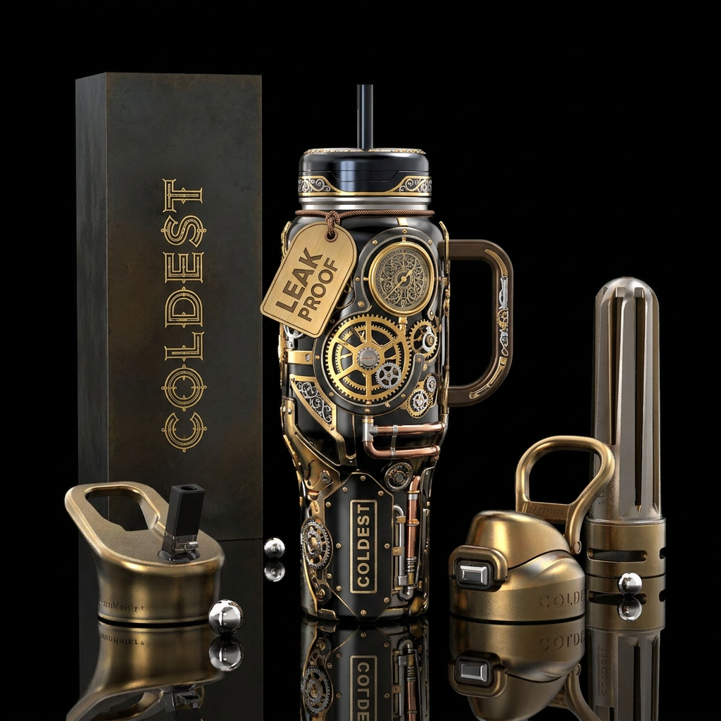 Steam punk gold water bottle design