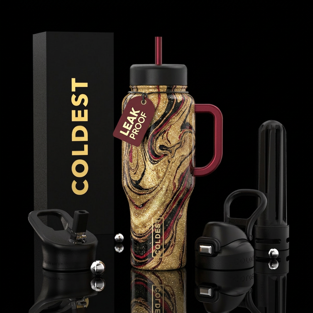 Golden glitter water bottle design