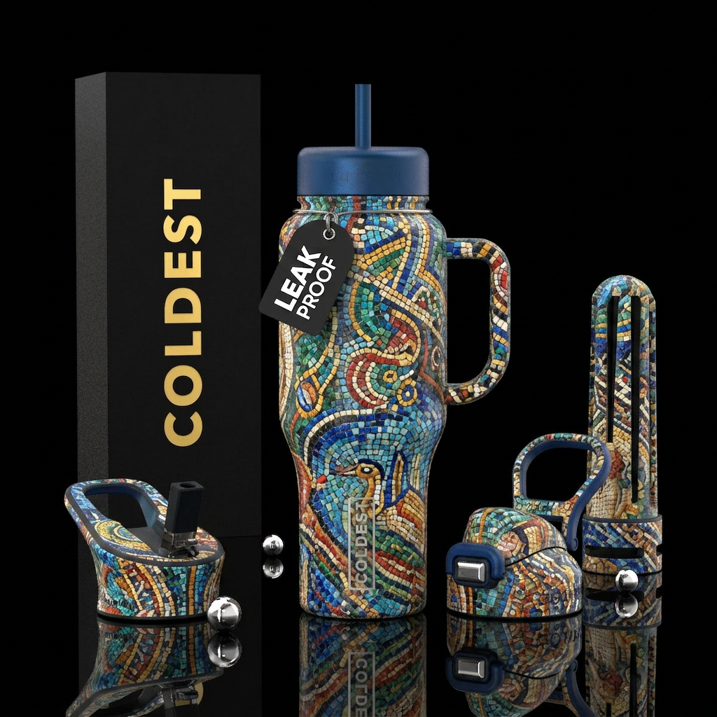 Blue mosaic water bottle design
