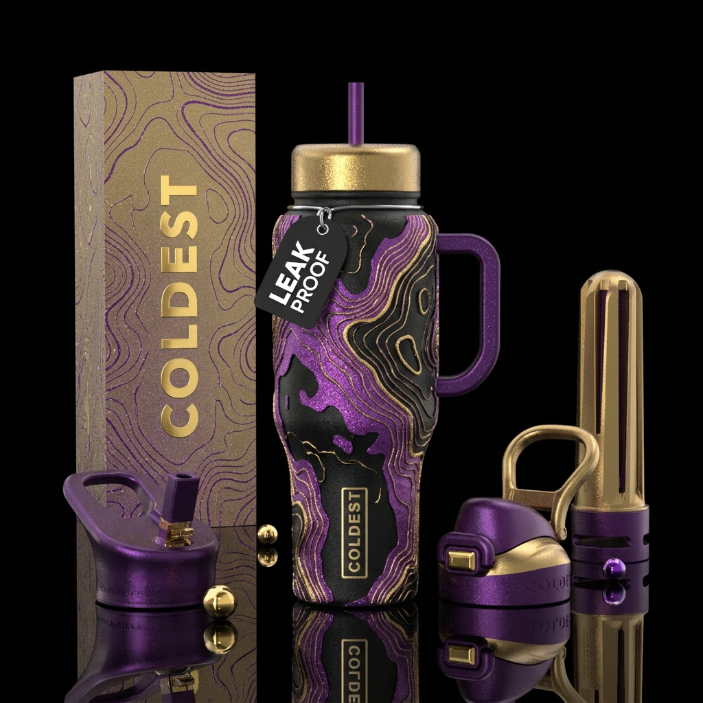 Purple gold topical water bottle design