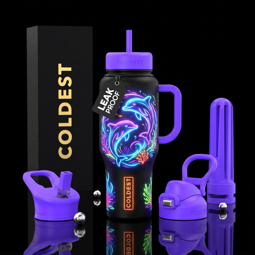 Neon dolphin water bottle design