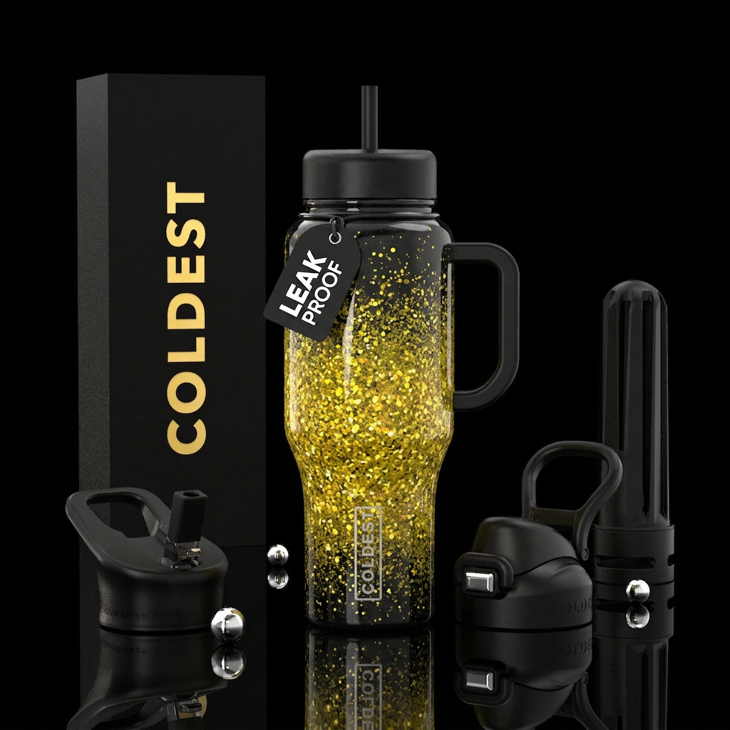 Gold glitter water bottle design