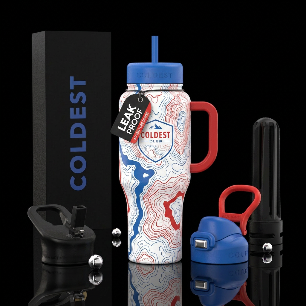 Red white and blue topical water bottle design