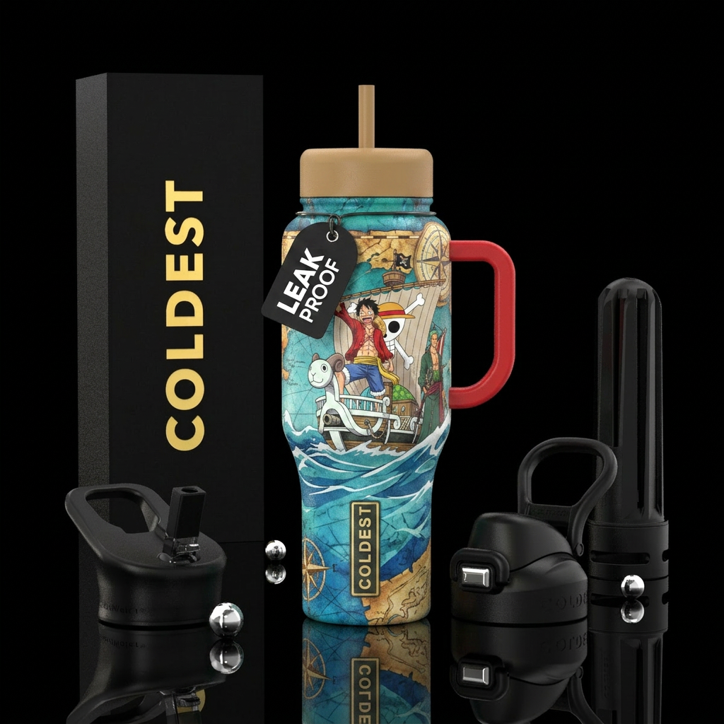 Anime theme one piece red handle tan lid nautical ... water bottle design