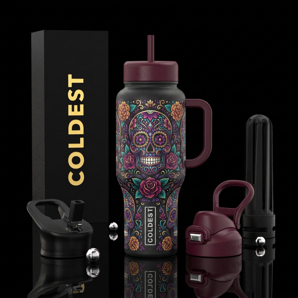 Night of the dead theme skulls and floral water bottle design