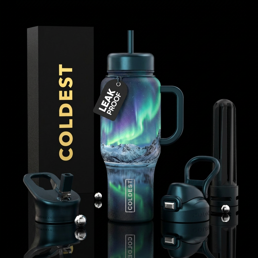 Aurora borealis and mountains of snow water bottle design