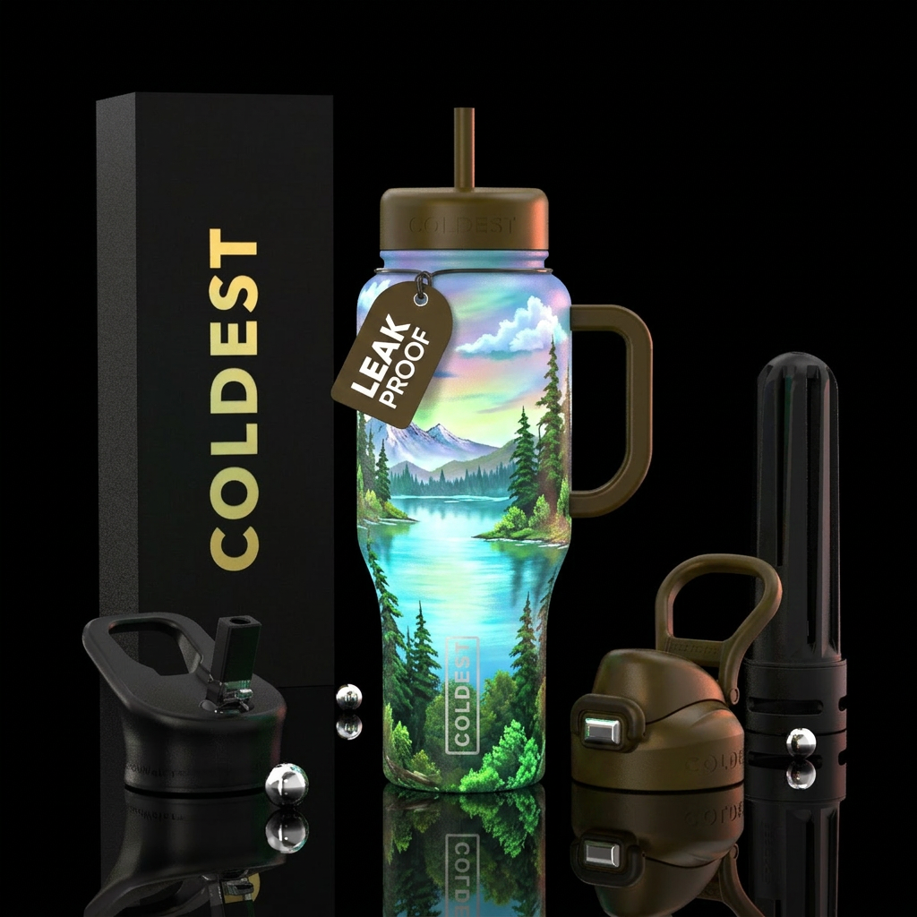 Bob Ross style painting with glowing effects water bottle design