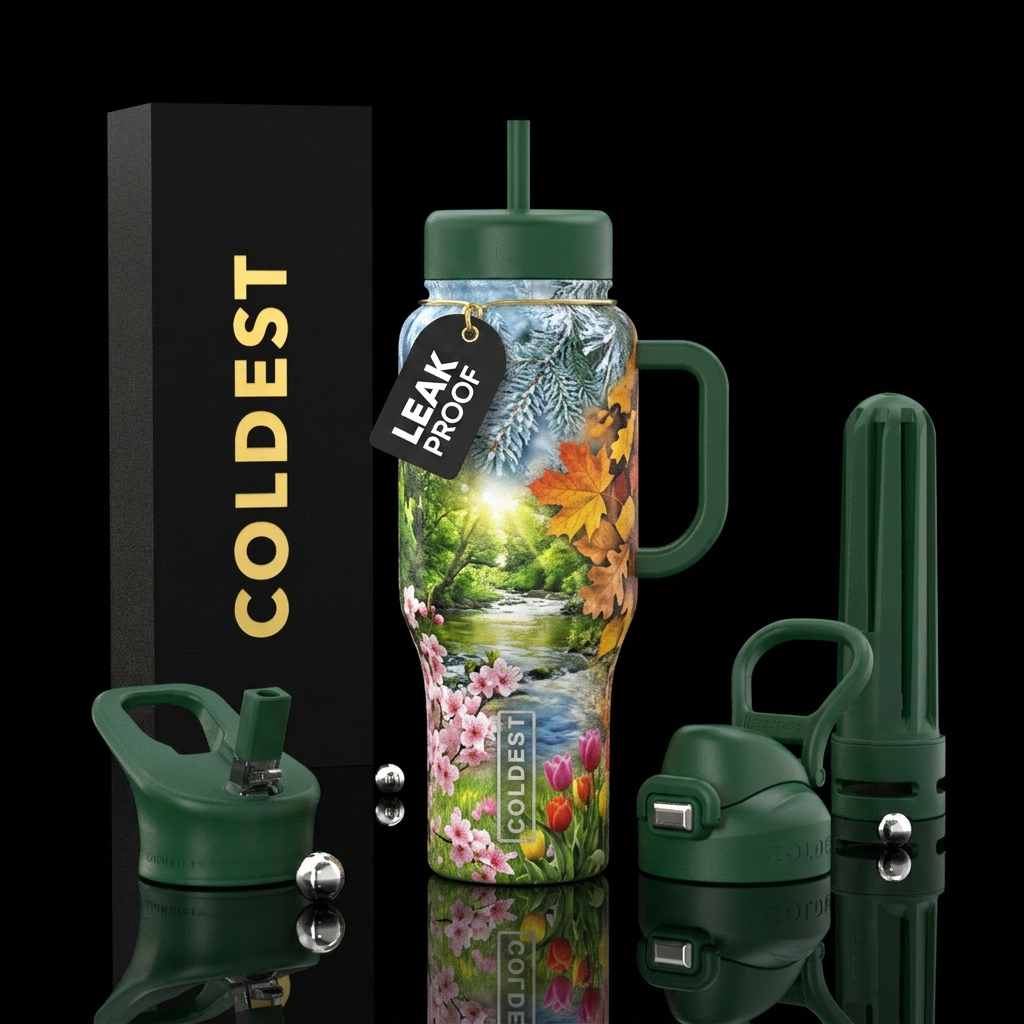 4 seasons captured in one image water bottle design
