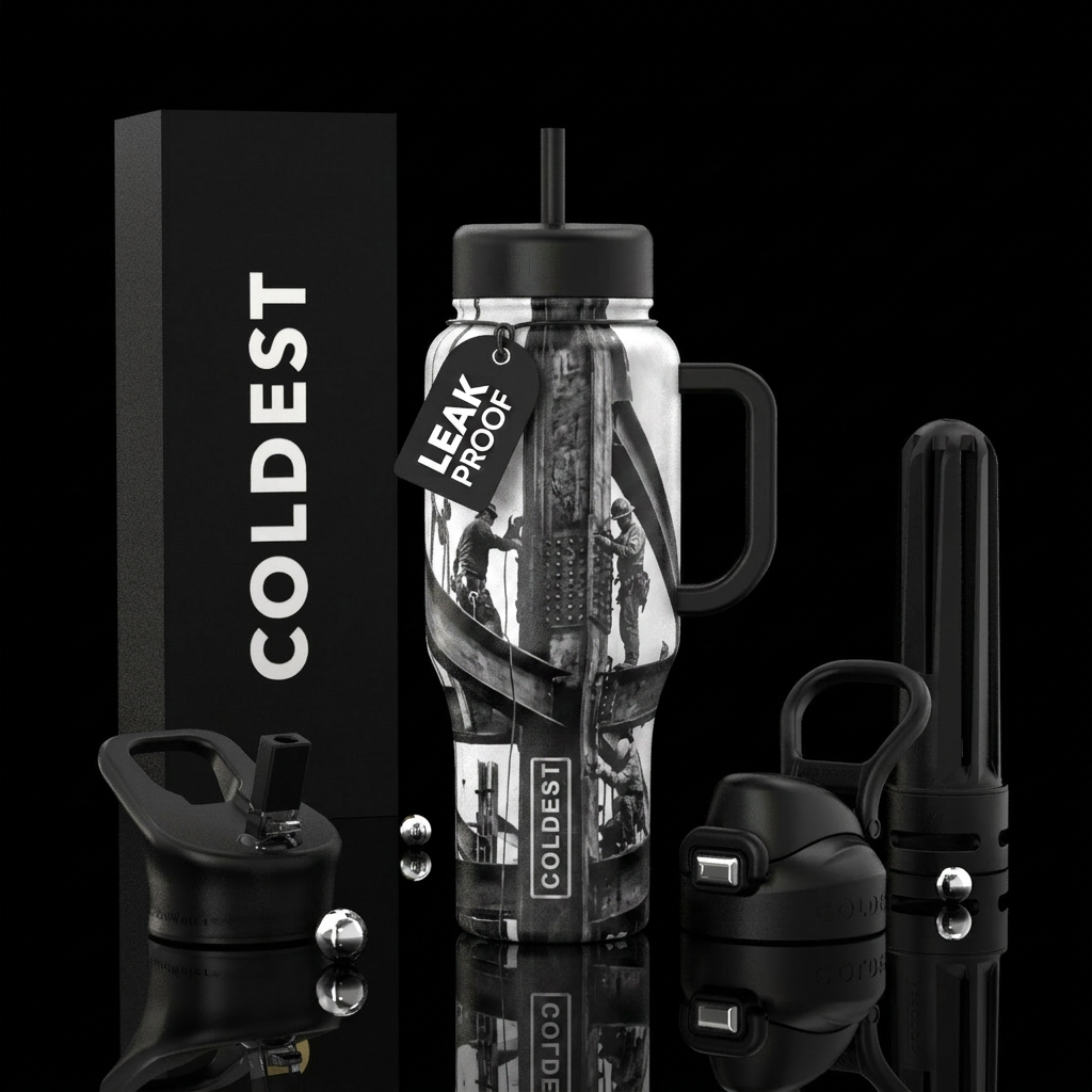 Iron worker black and white image water bottle design