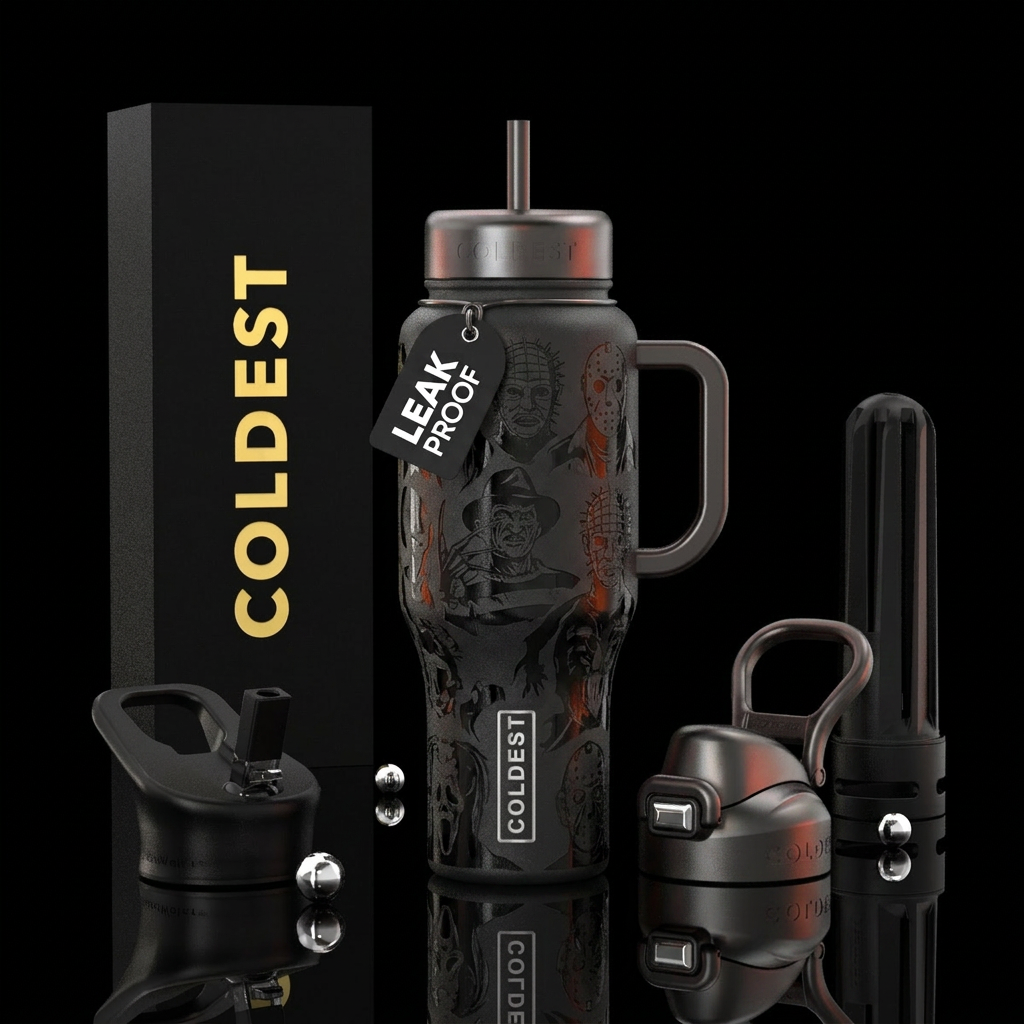 Halloween bottle with characters like Freddy and J... water bottle design