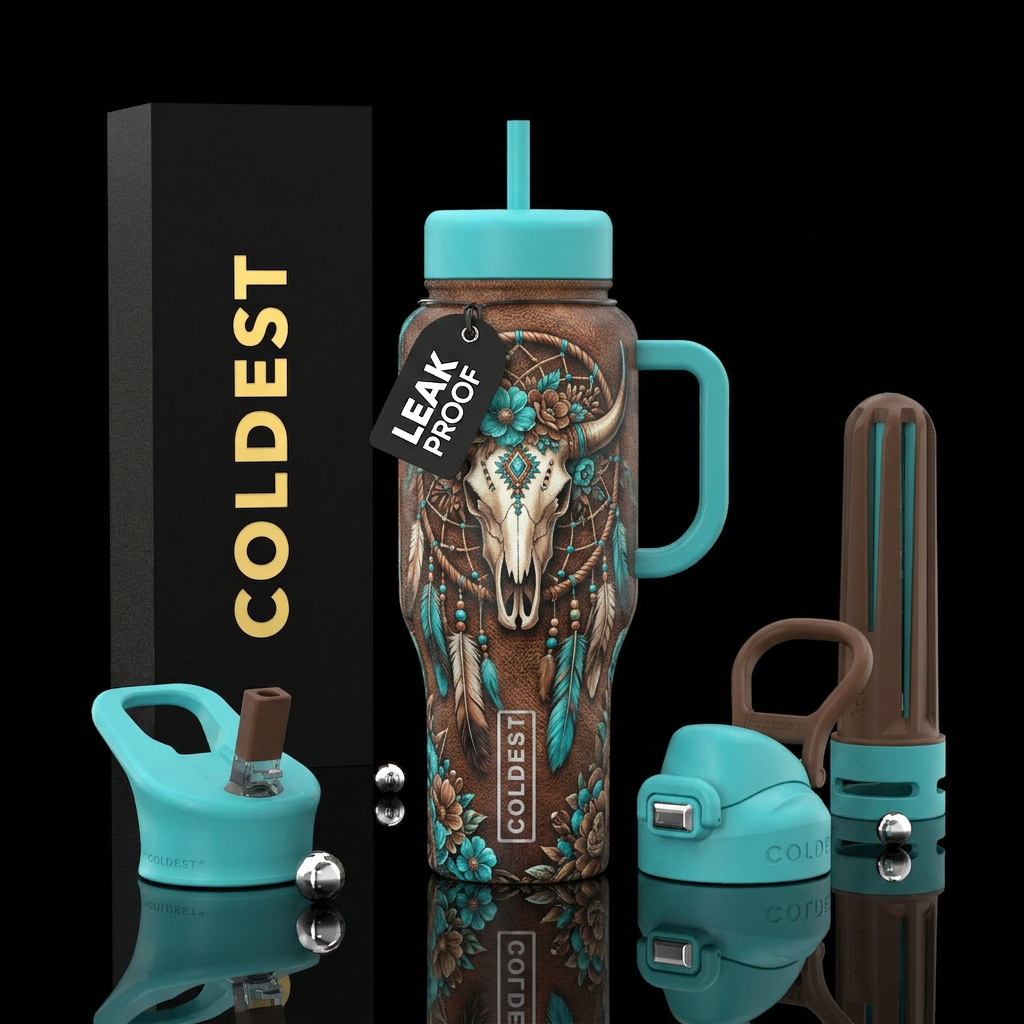 Bull skull dream catcher floral turquoise and brow... water bottle design