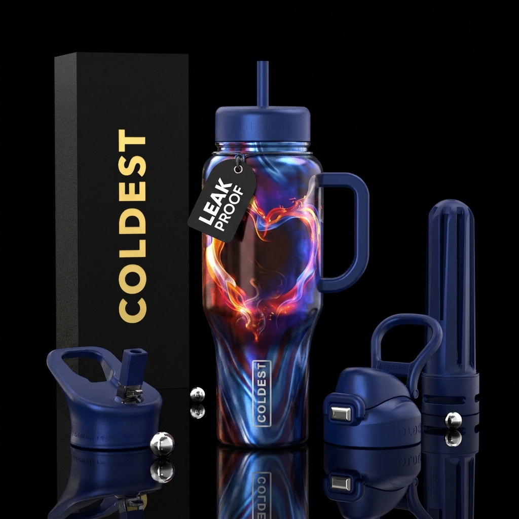 Heart of fire metalic with blues and purples water bottle design