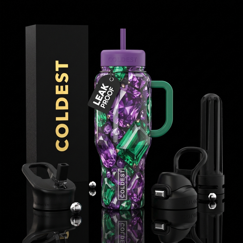Amathyst gems and emerald green gems water bottle design