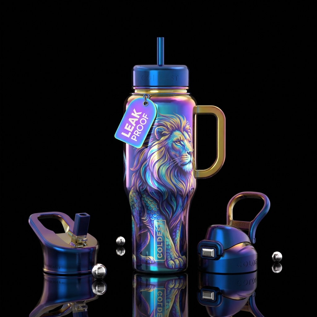 irridescent majestic Lion water bottle design