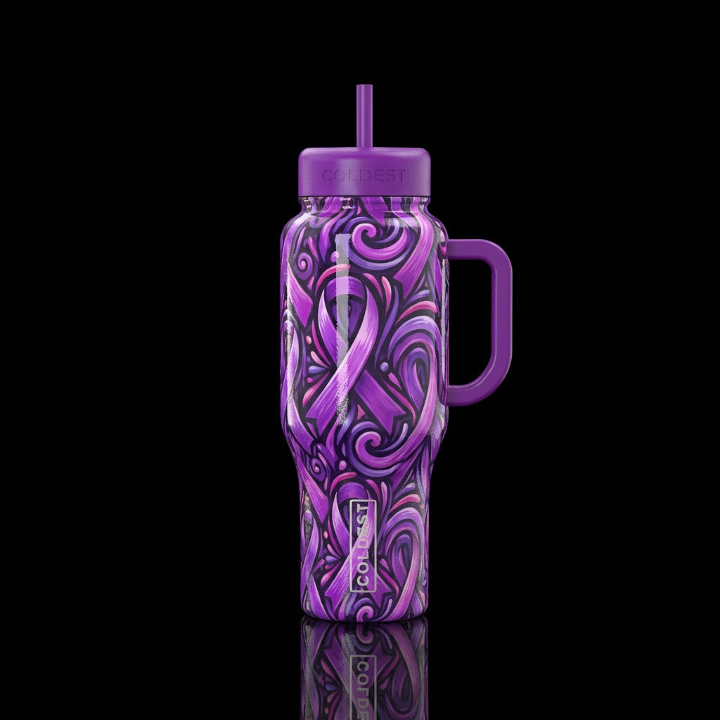 Purple Fibromyalgia Awareness ribbon, whimsical water bottle design