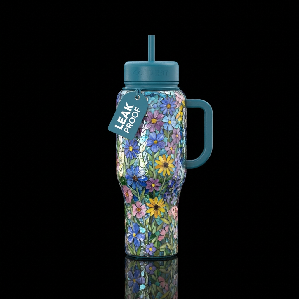 Mosaic gardens full of wild flowers water bottle design