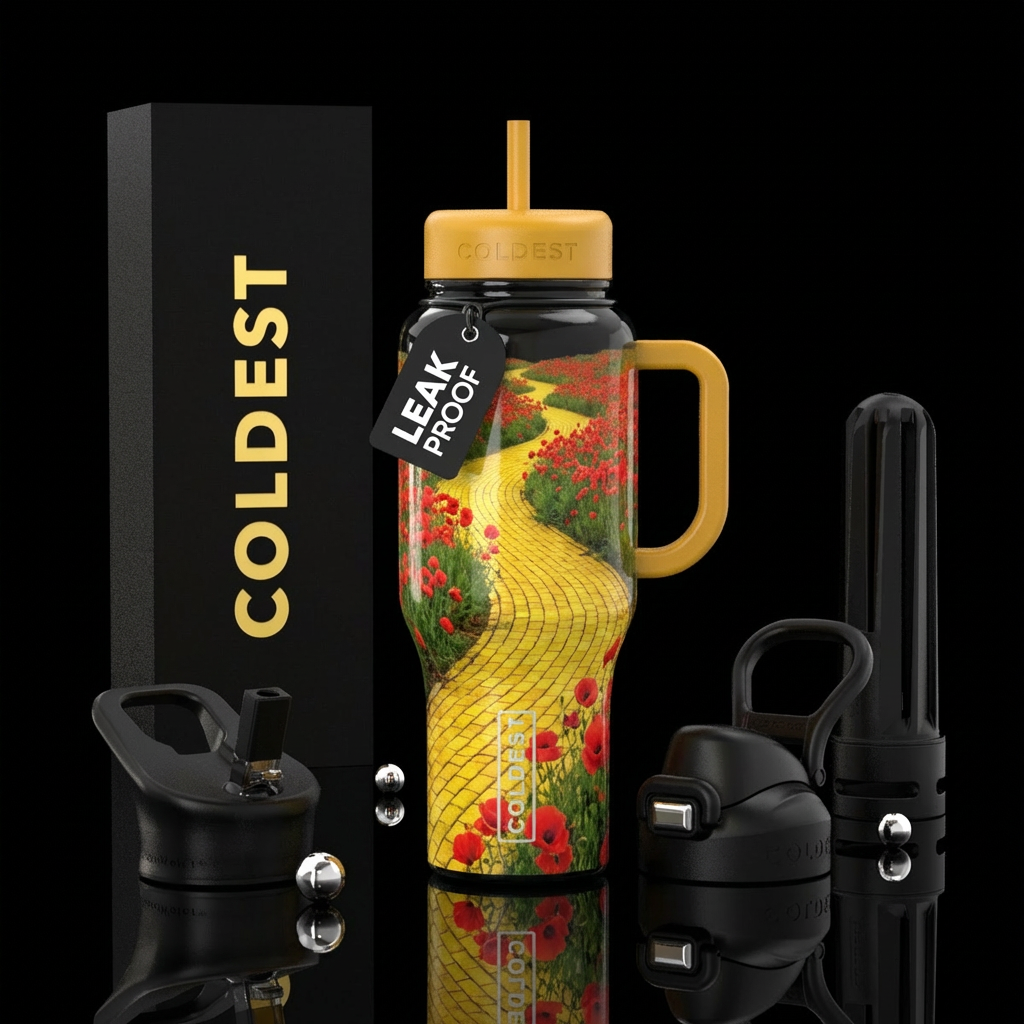 Red poppies and yellow brick road water bottle design