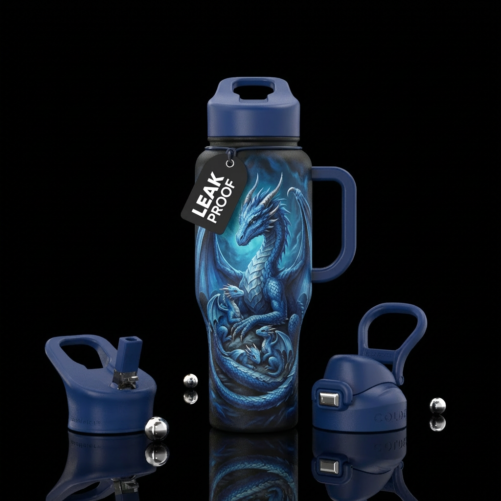 Blue female dragon orotecting her young realistic ... water bottle design