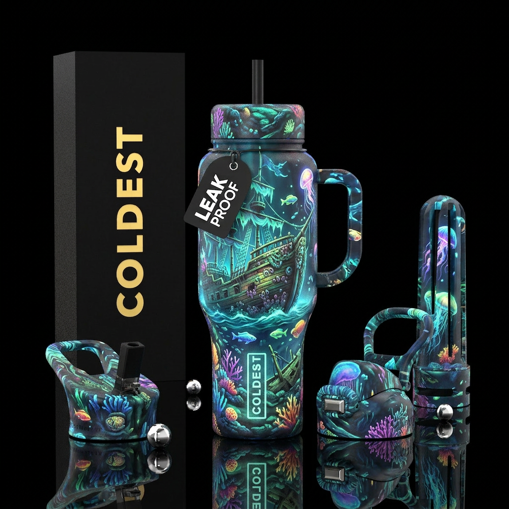 Glowy Sunken pirate ship with glowy sea creatures water bottle design