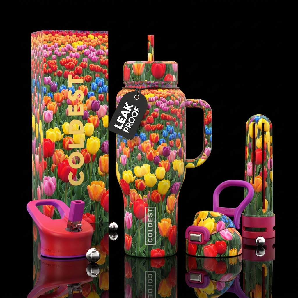 Fields of colorful Tulips water bottle design