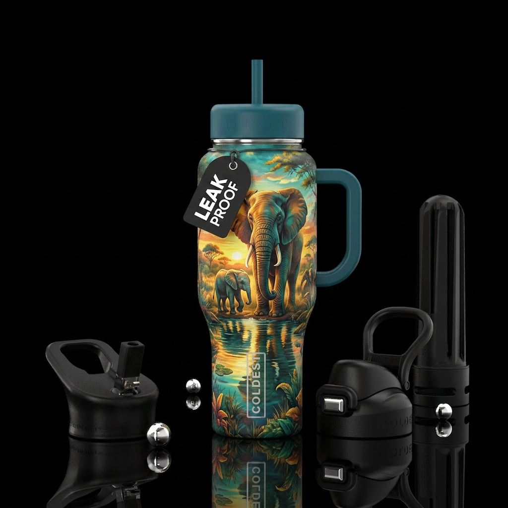 Mama and baby elephant near beautiful lush waterin... water bottle design