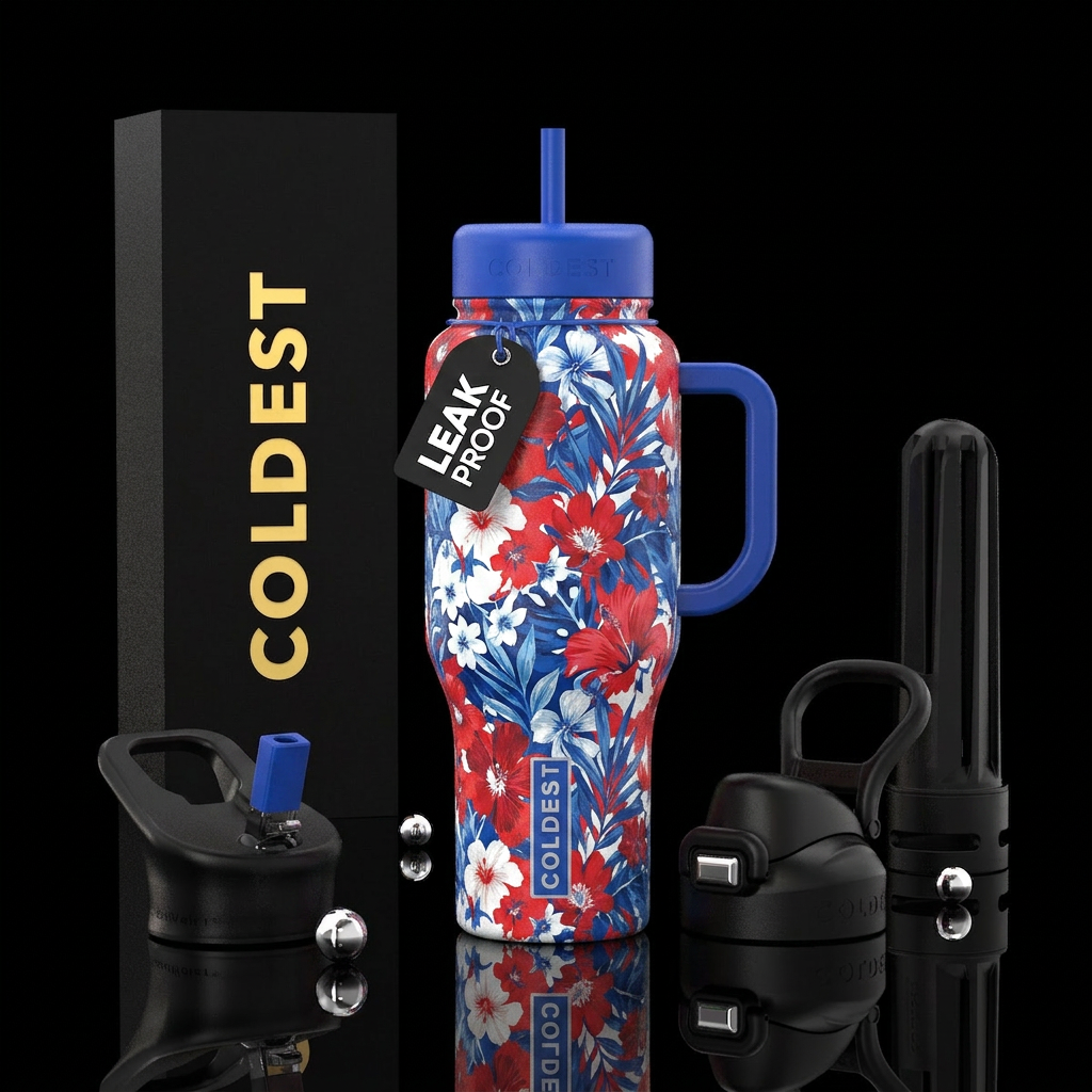 Red white and blue floral water bottle design